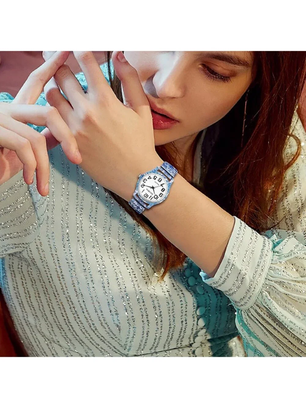 Women's Blue Flowers Analog Number Elastic Stretch Band Bohemia Bracelet Watch